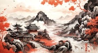 a painting of a chinese village in the mountains